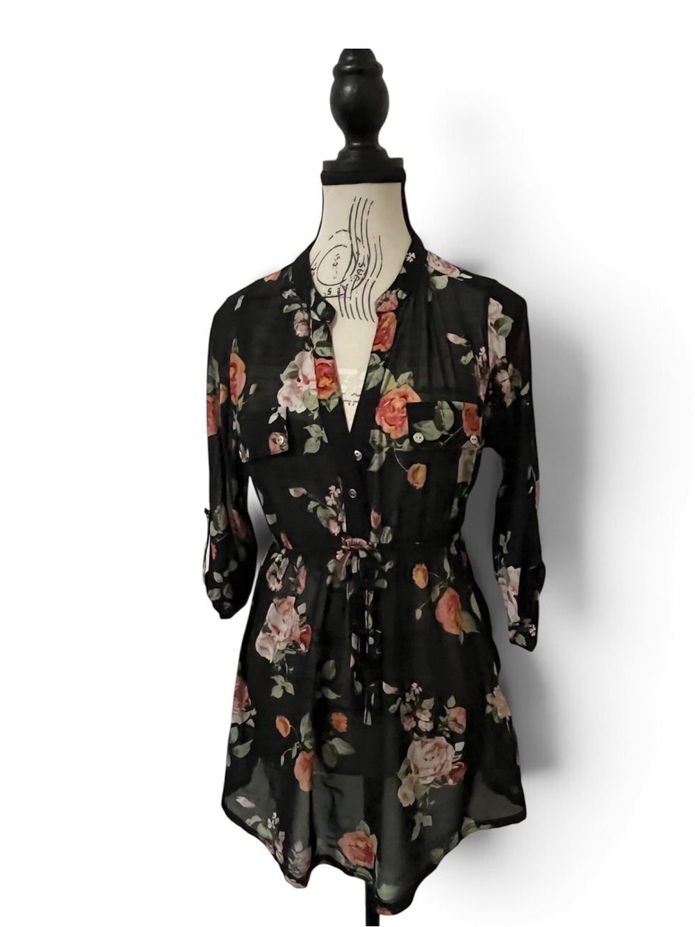 Siren Lily Maternity Blouse Small Black Floral Sheer Mesh Button Roll Sleeve